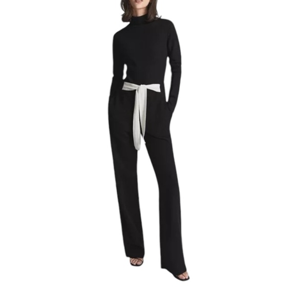 Reiss Pants - Reiss Ada Open Back Knit Jumpsuit 12 Mock Neck Tie Waist Bow Black